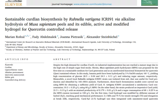 Sustainable curdlan biosynthesis by Rahnella variigena ICRI91 via alkaline hydrolysis of Musa sapientum peels and its edible, active and modified hydrogel for Quercetin controlled release.