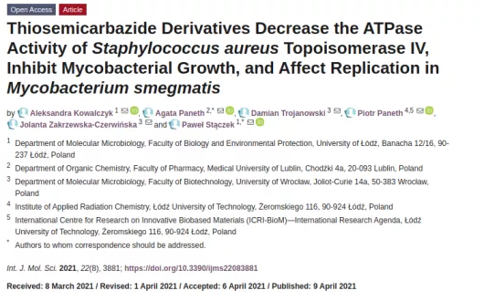 Thiosemicarbazide Derivatives Decrease the ATPase Activity of Staphylococcus aureus Topoisomerase IV, Inhibit Mycobacterial Growth, and Affect Replication in Mycobacterium smegmatis.