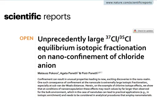 Unprecedently large 37Cl/35Cl equilibrium isotopic fractionation on nano‑confinement of chloride anion