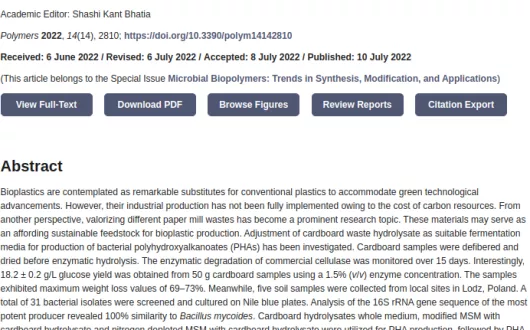 The Hyperproduction of Polyhydroxybutyrate Using Bacillus mycoides ICRI89 through Enzymatic Hydrolysis of Affordable Cardboard