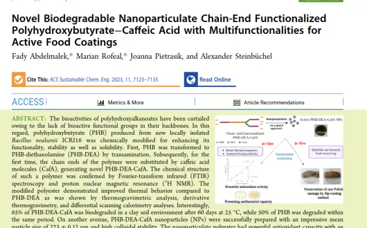 Novel Biodegradable Nanoparticulate Chain-End Functionalized Polyhydroxybutyrate–Caffeic Acid with Multifunctionalities for Active Food Coatings