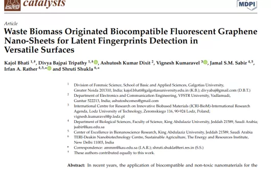 Waste Biomass Originated Biocompatible Fluorescent Graphene Nano-Sheets for Latent Fingerprints Detection in Versatile Surfaces