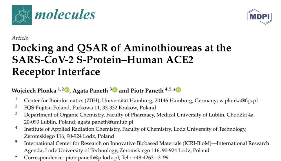 Wojciech Płonka, Agata Paneth and Piotr Paneth Docking and QSAR of Aminothioureas at the SARS-CoV-2 S-Protein–Human ACE2 Receptor Interface