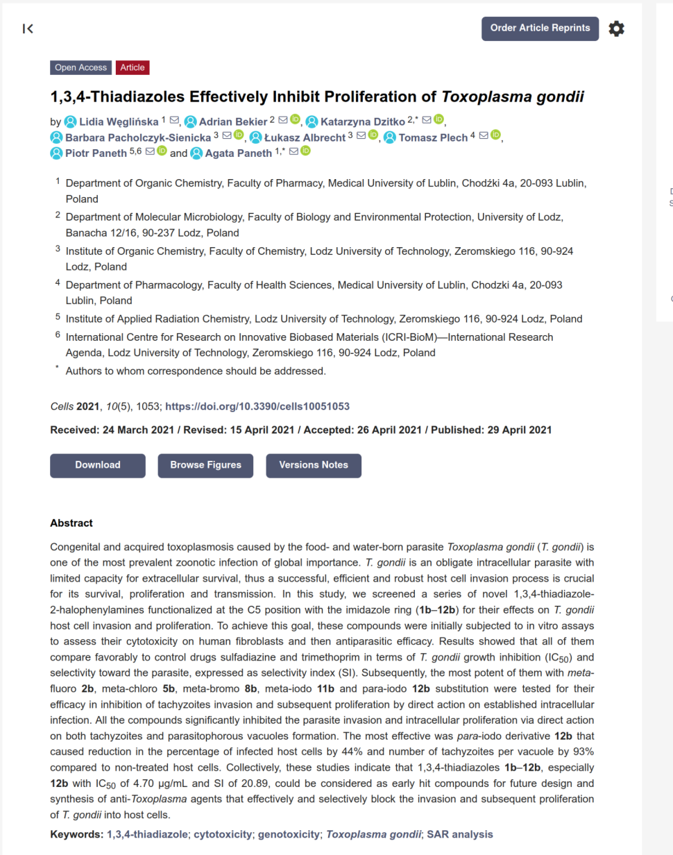 1,3,4-Thiadiazoles effectively block invasion and inhibit proliferation of Toxoplasma gondii.