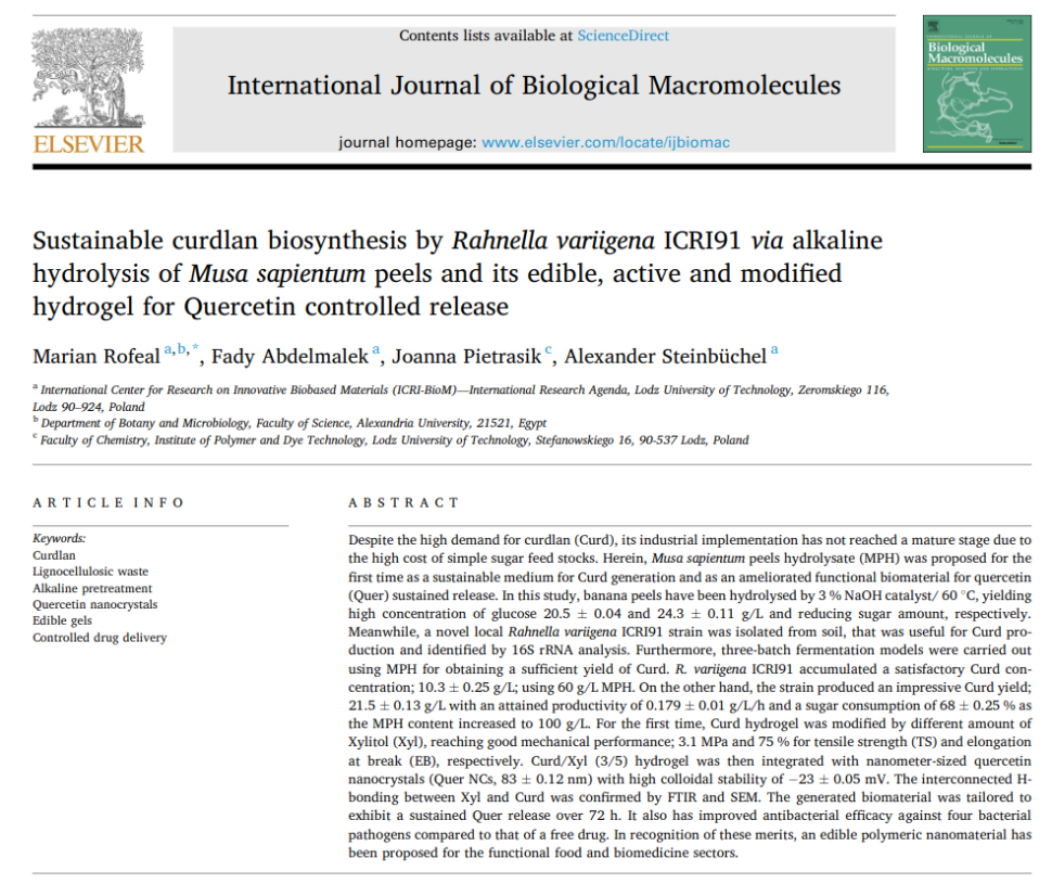 Sustainable curdlan biosynthesis by Rahnella variigena ICRI91 via alkaline hydrolysis of Musa sapientum peels and its edible, active and modified hydrogel for Quercetin controlled release.