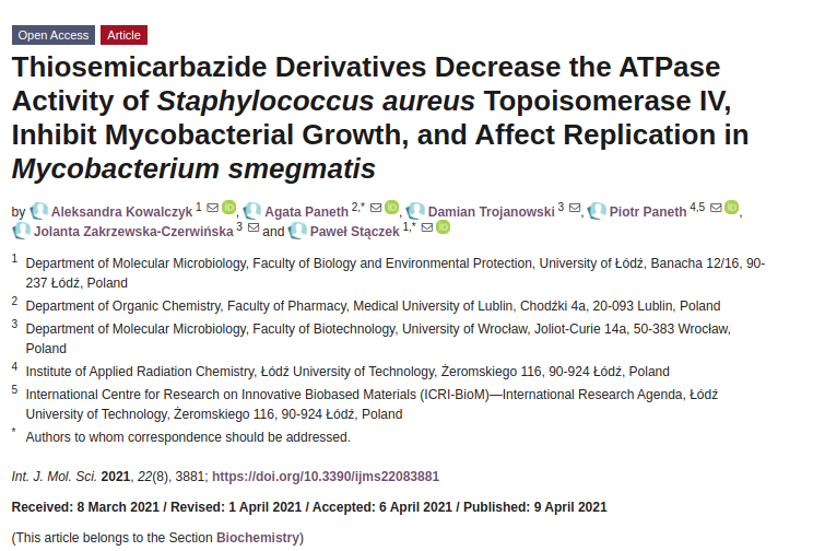 Thiosemicarbazide Derivatives Decrease the ATPase Activity of Staphylococcus aureus Topoisomerase IV, Inhibit Mycobacterial Growth, and Affect Replication in Mycobacterium smegmatis.