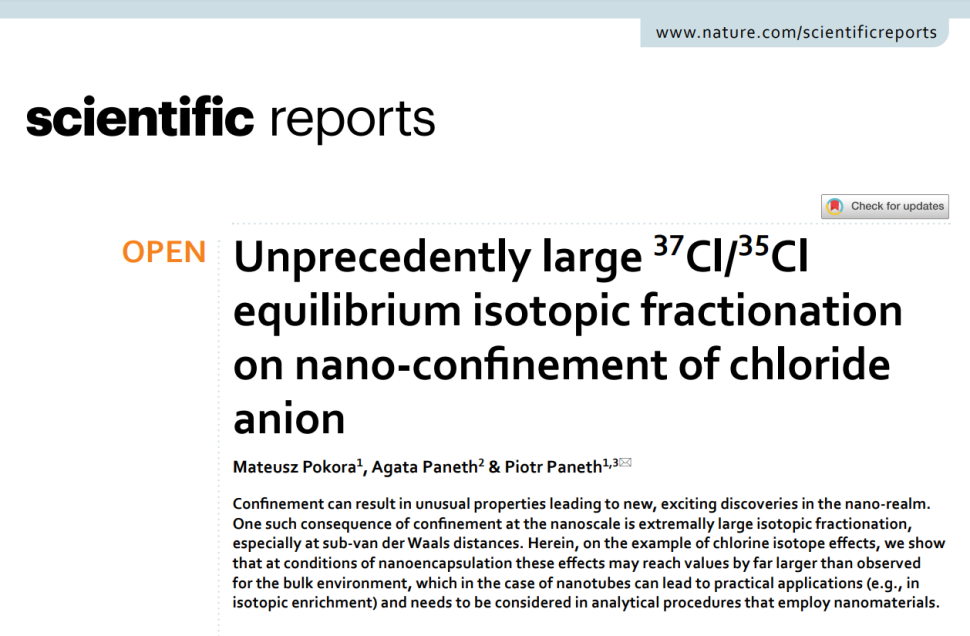 Unprecedently large 37Cl/35Cl equilibrium isotopic fractionation on nano‑confinement of chloride anion
