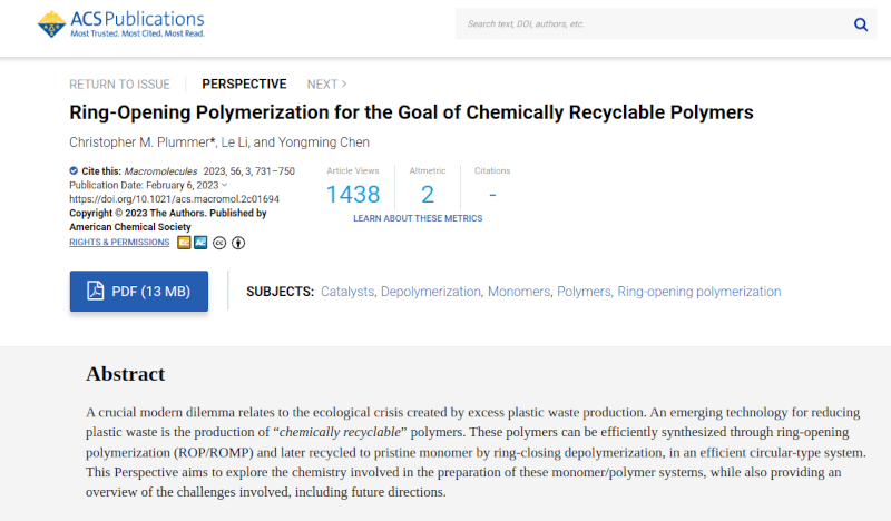 Ring-Opening Polymerization for the Goal of Chemically Recyclable Polymers