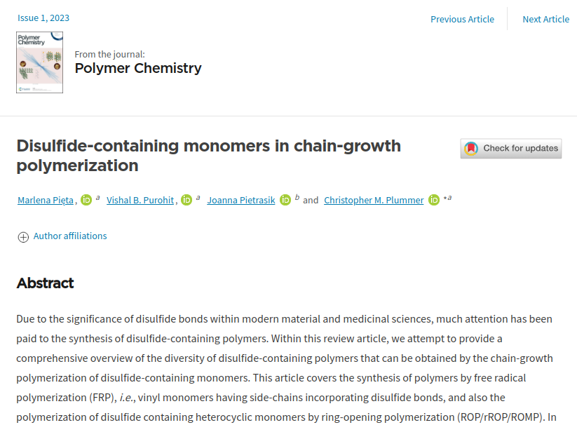 Disulfide-containing monomers in chain-growth polymerization