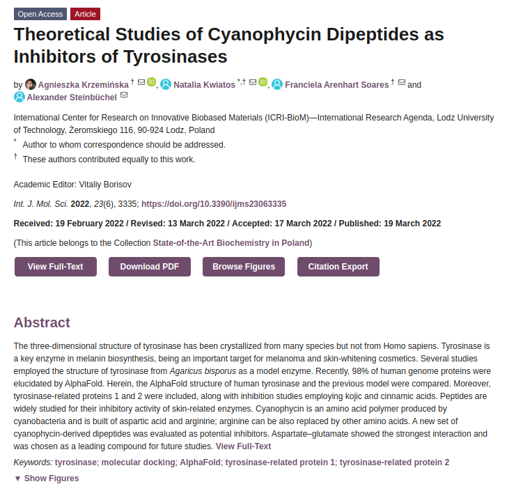 Theoretical Studies of Cyanophycin Dipeptides as Inhibitors of Tyrosinases