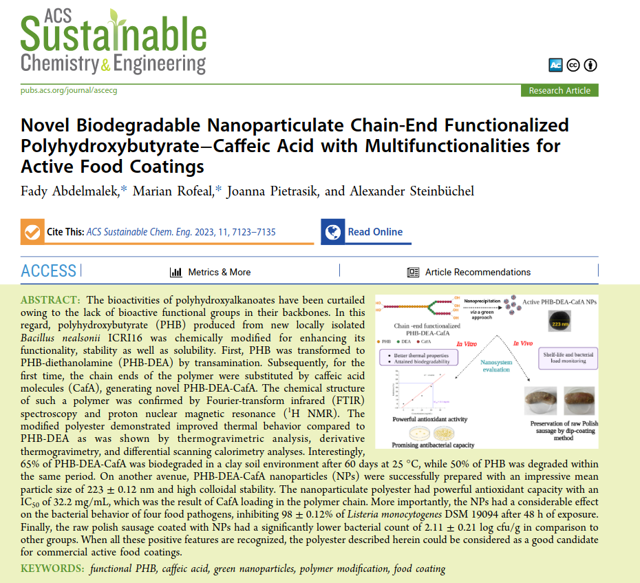 Novel Biodegradable Nanoparticulate Chain-End Functionalized Polyhydroxybutyrate–Caffeic Acid with Multifunctionalities for Active Food Coatings