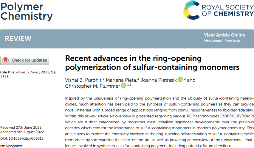 Recent advances in the ring-opening polymerization of sulfur-containing monomers