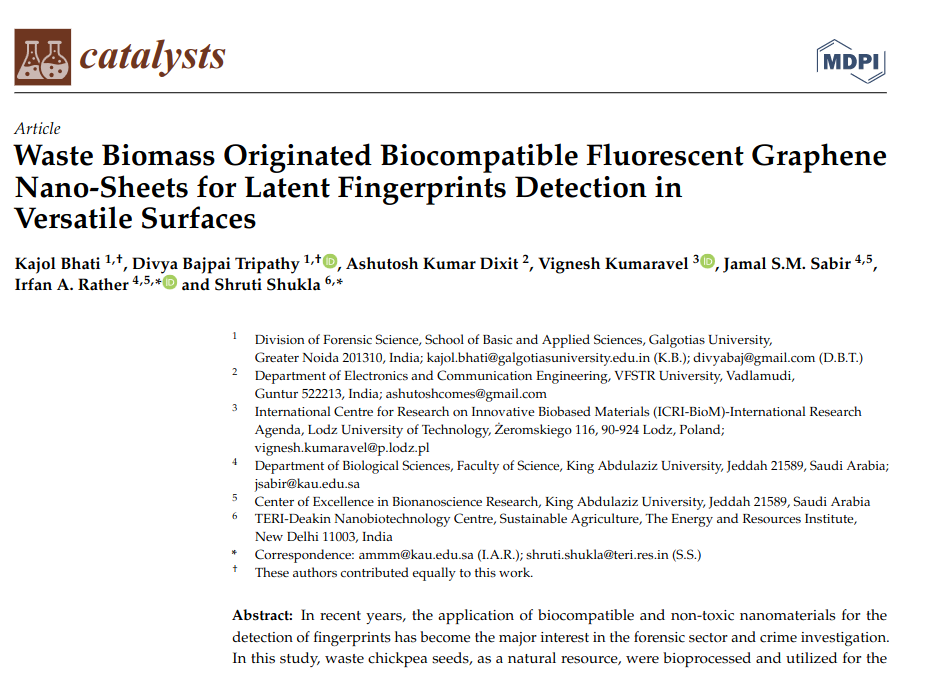 Waste Biomass Originated Biocompatible Fluorescent Graphene Nano-Sheets for Latent Fingerprints Detection in Versatile Surfaces