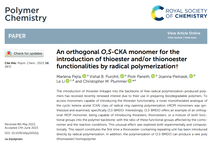 An orthogonal O,S-CKA monomer for the introduction of thioester and/or thionoester functionalities by radical polymerization